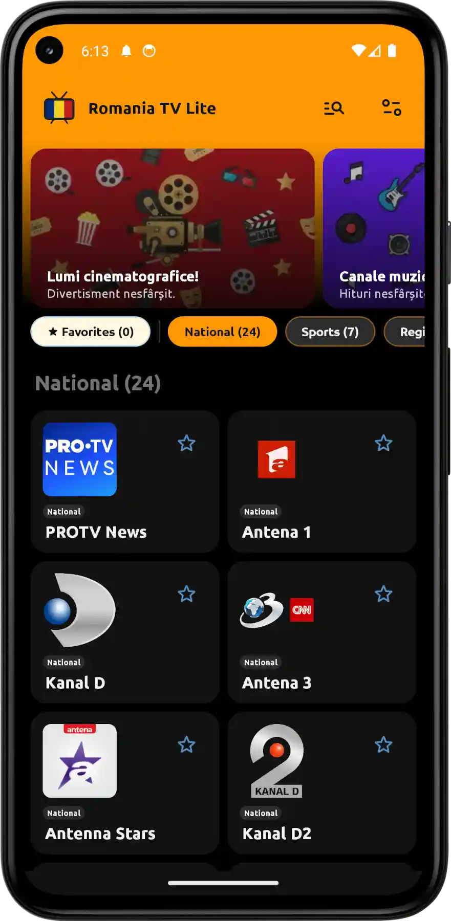 Interfața playerului video live cu controale și selecție de stream